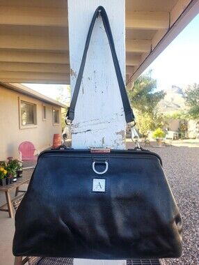 Alicia Klein Vintage Doctor Bag Black Leather Top-Handle Satchel. Push Lock.